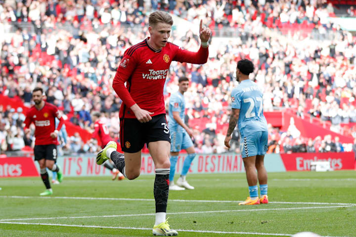 Scott McTominay celebrates scoring for Man Utd against Coventry in their FA Cup semi-final ti