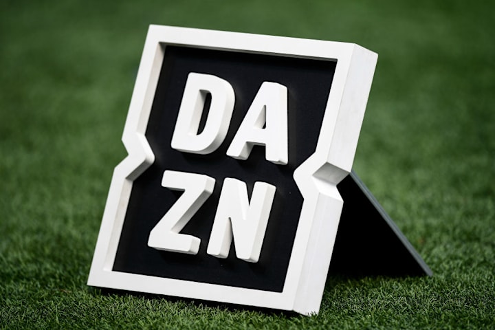 The DAZN logo is seen prior to the Serie A football match...