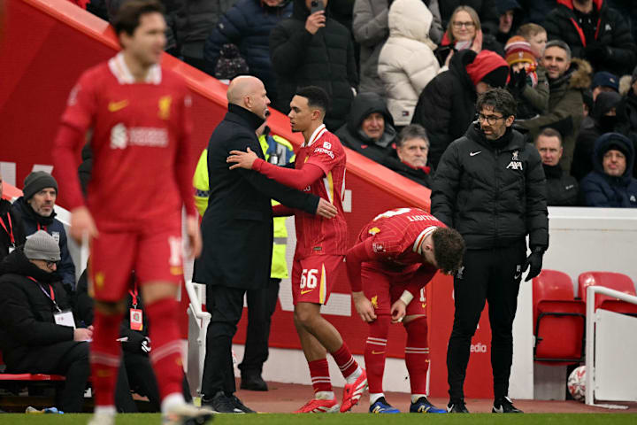 Arne Slot embraces Trent Alexander-Arnol