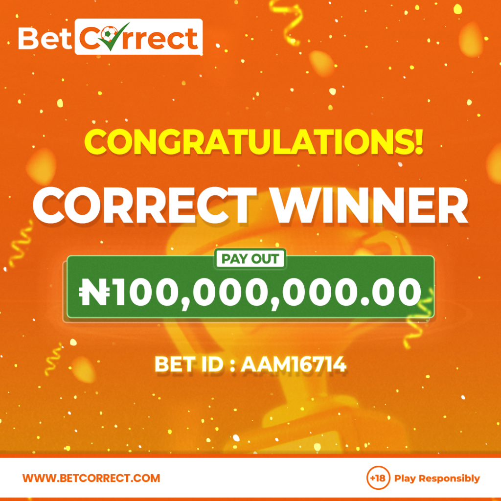 Betcorrect CW 1080x1080100M 1 Jackpot Glory: Player Turns ₦1 Million Stake into ₦100 Million Payout on Betcorrect!